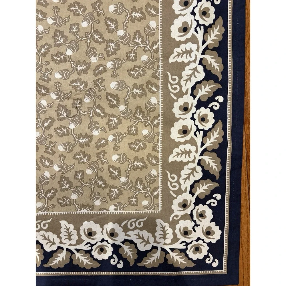 Williams-Sonoma Acorn Botanical Tablecloth‎ Navy Tan Floral Border 70x126 Cotton